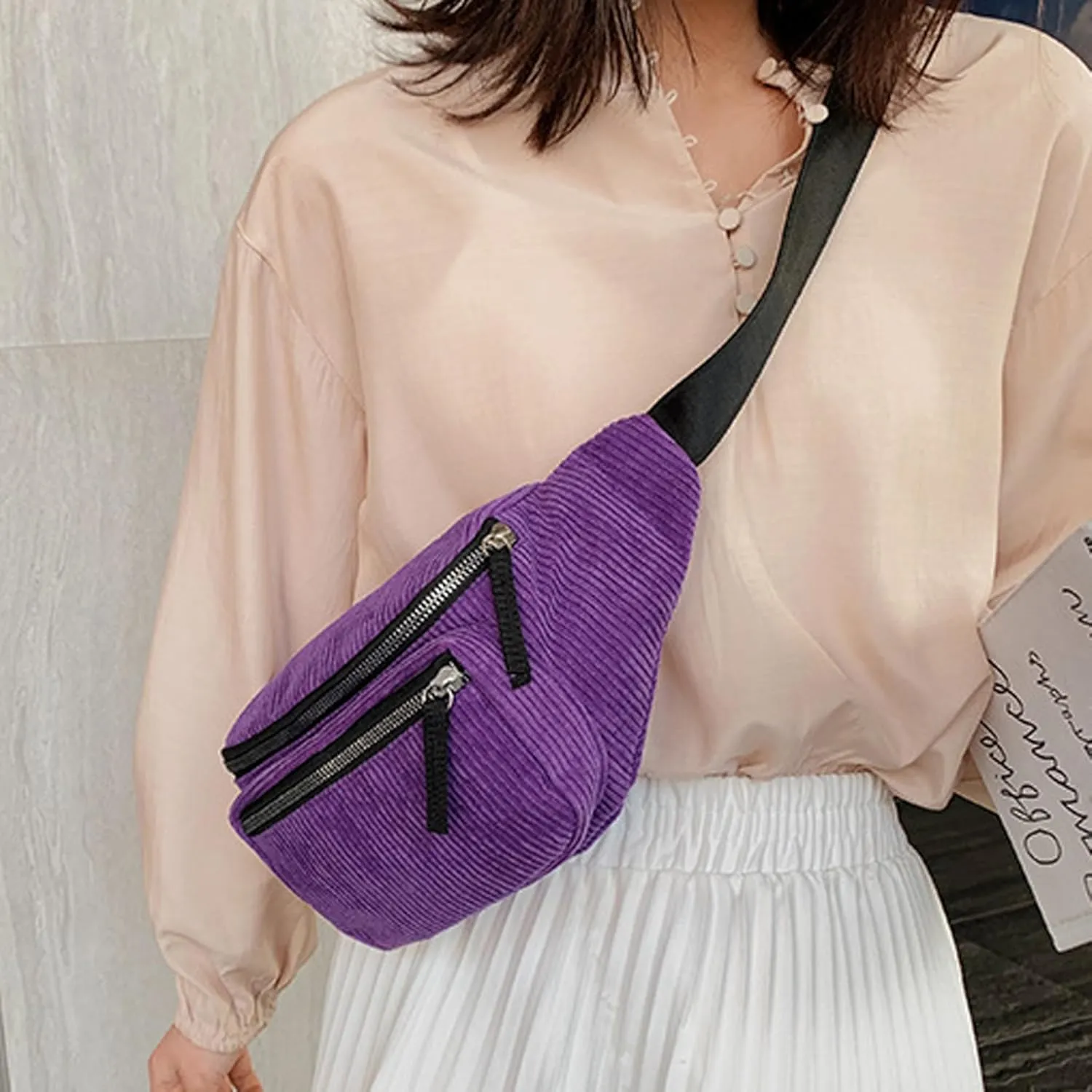 eYLun Women Fanny Pack Crossbody Bag Casual Corduroy Waist Bag Adjustable Chest Bag Waist Pack for Travel Walking Running Hiking Cycling Purple
