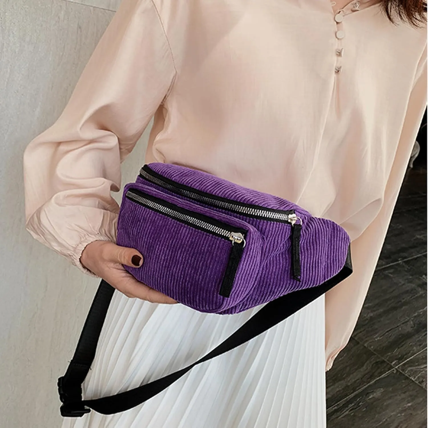 eYLun Women Fanny Pack Crossbody Bag Casual Corduroy Waist Bag Adjustable Chest Bag Waist Pack for Travel Walking Running Hiking Cycling Purple