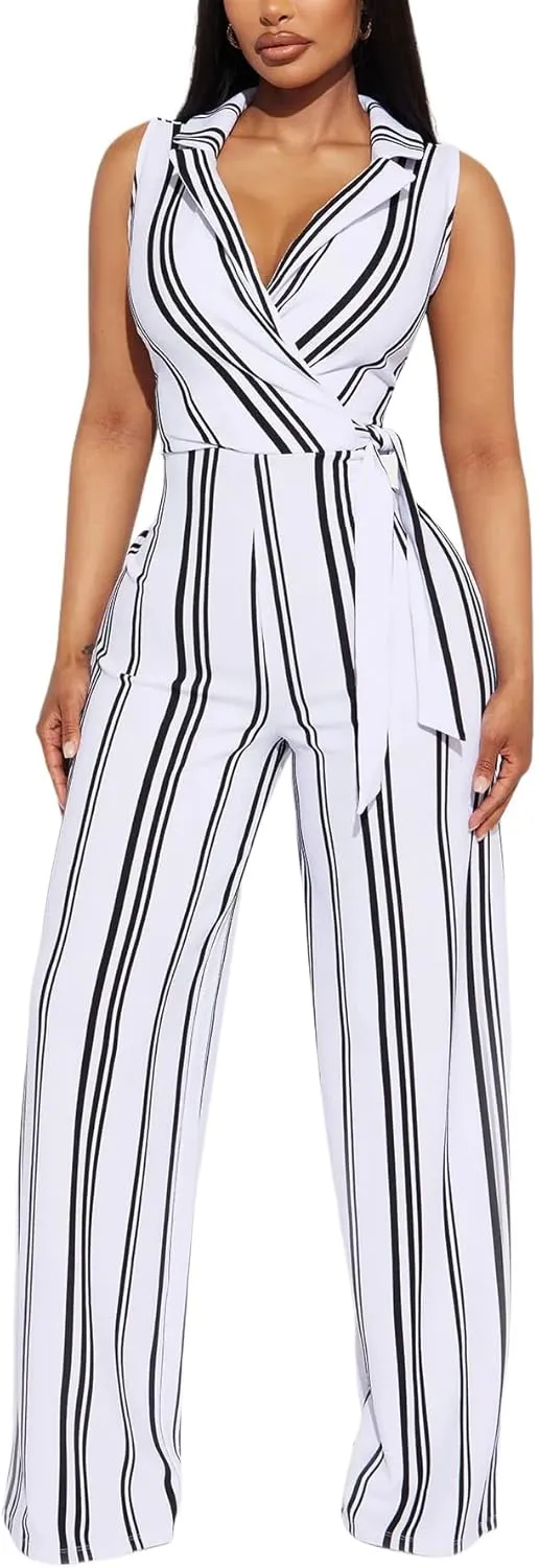 FairyLove Women's Strapless Tube Top Rompers Casual Off Shoulder Printed Sleeveless Belted Wide Leg Jumpsuit with Pockets