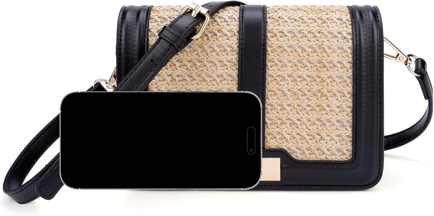 FALETO Straw Crossbody Bags for Women Summer Leather Stitching Straw Flap Bag Handbag Shoulder Clutch Purse