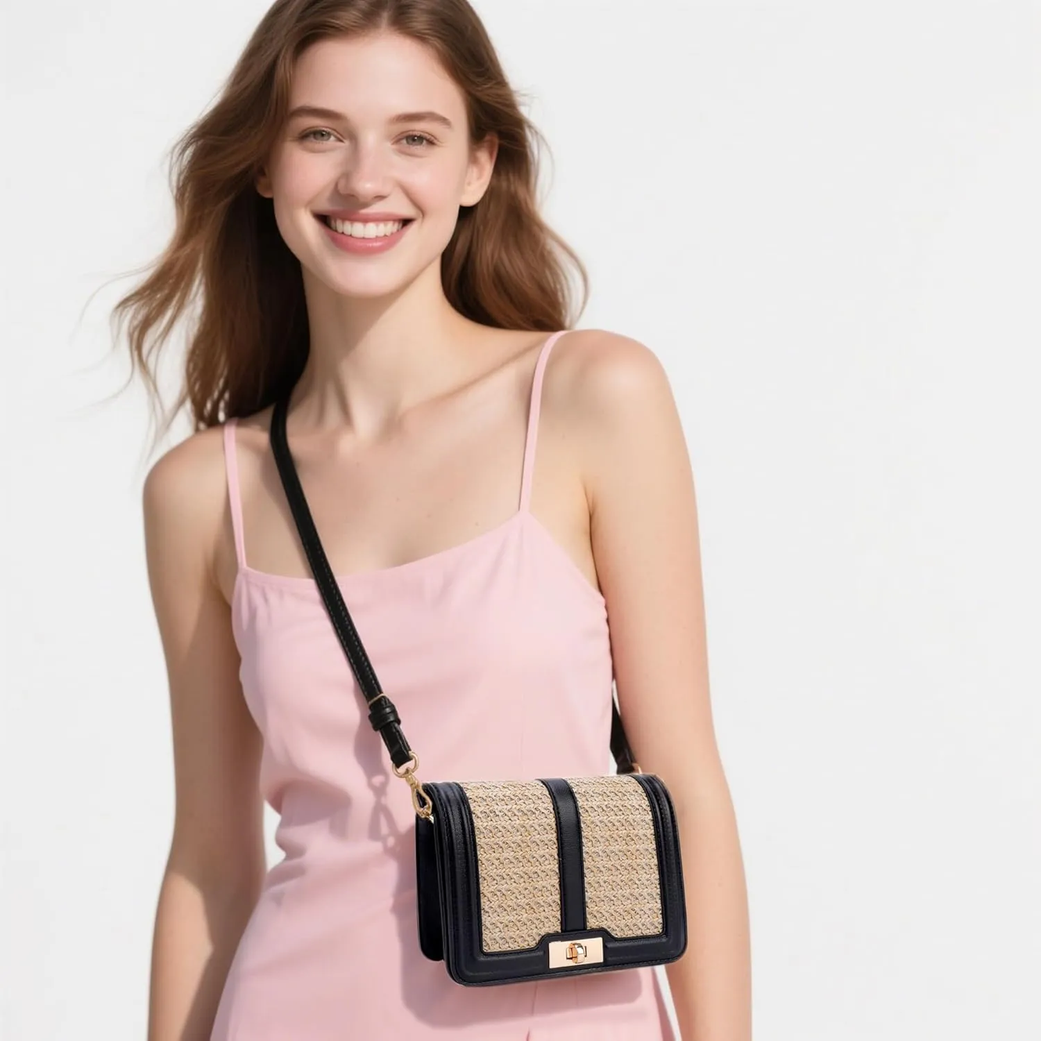 FALETO Straw Crossbody Bags for Women Summer Leather Stitching Straw Flap Bag Handbag Shoulder Clutch Purse