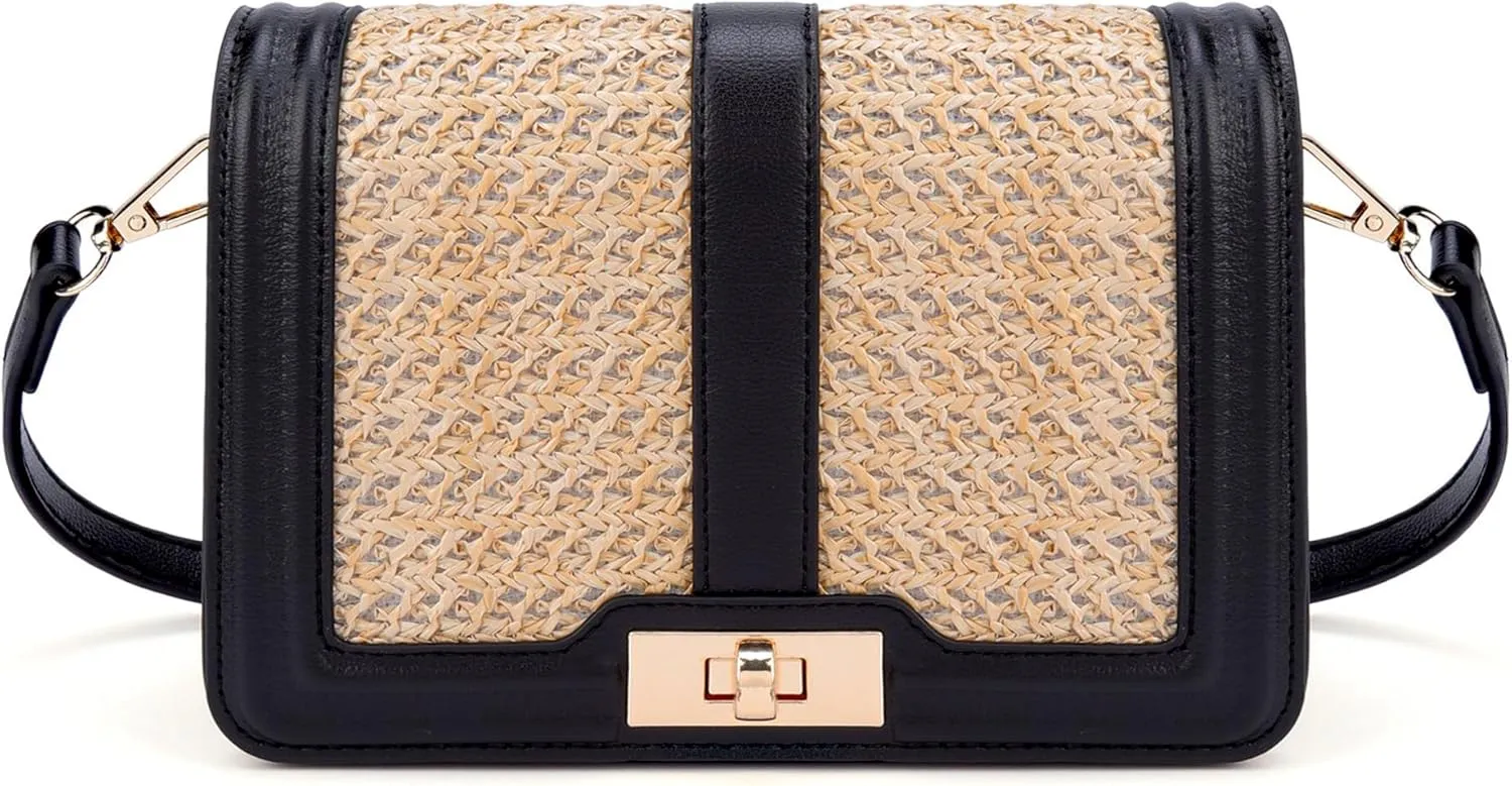 FALETO Straw Crossbody Bags for Women Summer Leather Stitching Straw Flap Bag Handbag Shoulder Clutch Purse