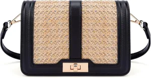 FALETO Straw Crossbody Bags for Women Summer Leather Stitching Straw Flap Bag Handbag Shoulder Clutch Purse
