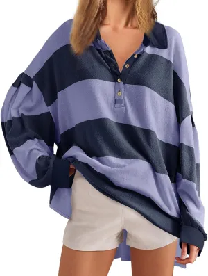 Fall Shirts for Women Long Sleeve Striped Button Down Sweatshirts Causal Fashion Pullover Blouses Plus Size Tops Tees