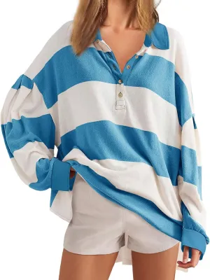Fall Shirts for Women Long Sleeve Striped Button Down Sweatshirts Causal Fashion Pullover Blouses Plus Size Tops Tees