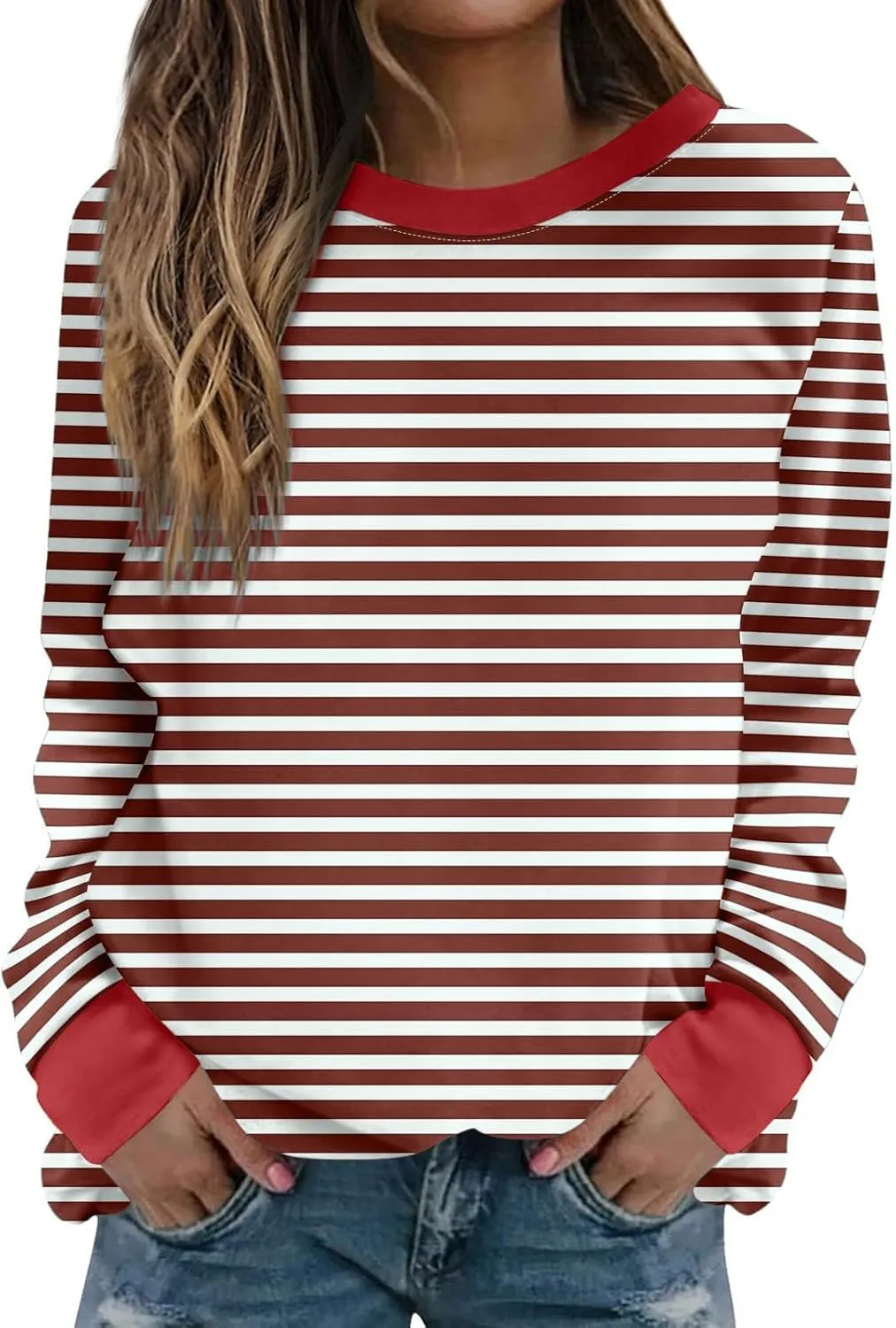 Fall Sweatshirts for Women Fashion 2024 Oversized Crewneck Striped Long Sleeve Shirts Hoodies Preppy Top Y2K Outfits