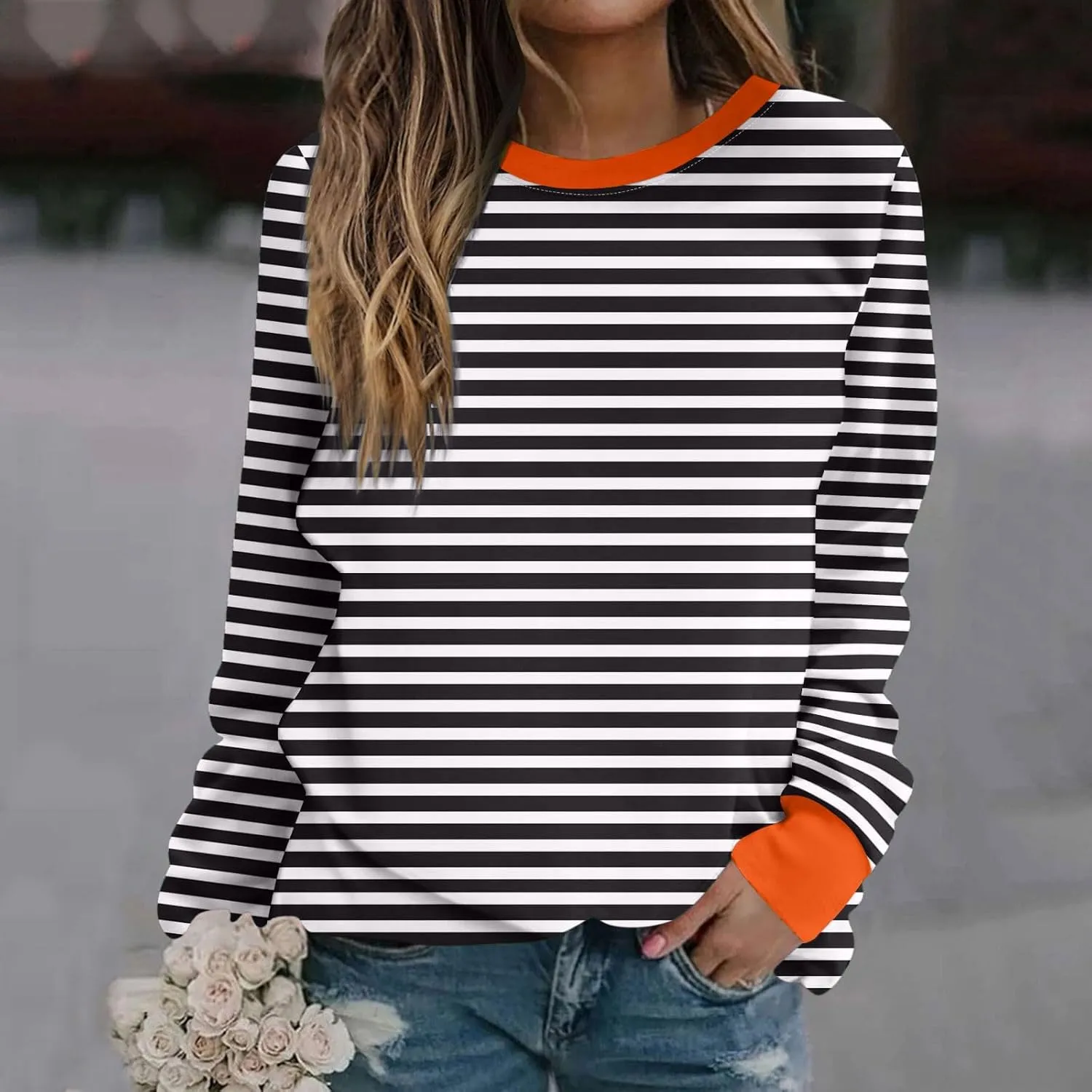Fall Sweatshirts for Women Fashion 2024 Oversized Crewneck Striped Long Sleeve Shirts Hoodies Preppy Top Y2K Outfits