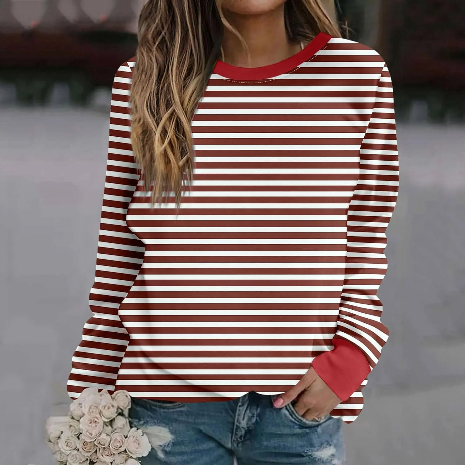 Fall Sweatshirts for Women Fashion 2024 Oversized Crewneck Striped Long Sleeve Shirts Hoodies Preppy Top Y2K Outfits
