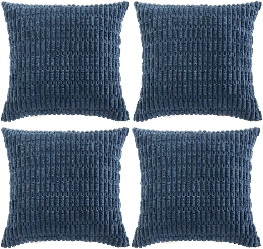 Fancy Homi 4 Packs Dusty Blue Decorative Throw Pillow Covers 18x18 Inch for Living Room Couch Bed Sofa, Rustic Farmhouse Boho Home Decor, Soft Plush Striped Corduroy Square Cushion Case 45x45 cm