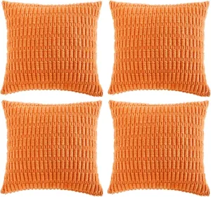 Fancy Homi 4 Packs Orange Fall Decorative Throw Pillow Covers 18x18 Inch for Couch Living Room Bed Sofa, Halloween Pumpkin Autumn Home Decor, Soft Cute Plush Corduroy Striped Cushion Case 45x45 CM