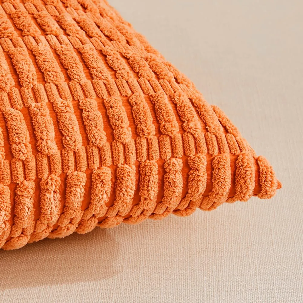 Fancy Homi 4 Packs Orange Fall Decorative Throw Pillow Covers 18x18 Inch for Couch Living Room Bed Sofa, Halloween Pumpkin Autumn Home Decor, Soft Cute Plush Corduroy Striped Cushion Case 45x45 CM