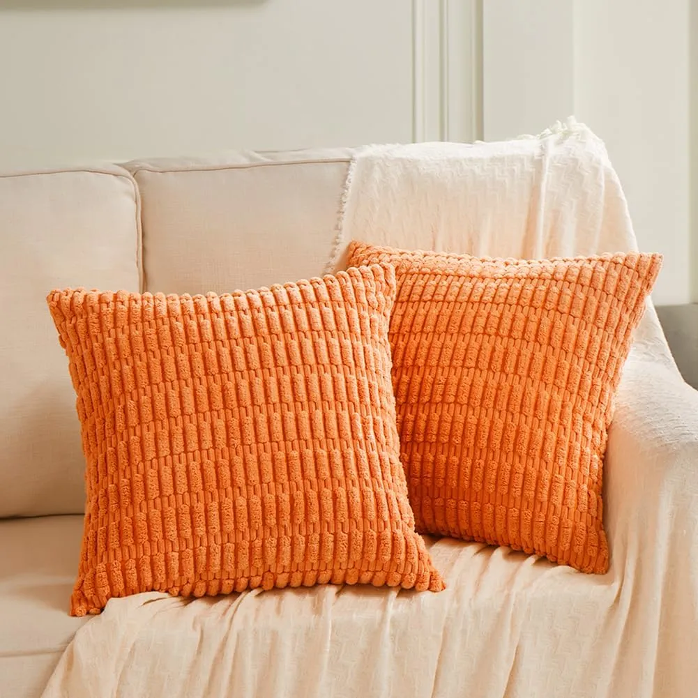 Fancy Homi 4 Packs Orange Fall Decorative Throw Pillow Covers 18x18 Inch for Couch Living Room Bed Sofa, Halloween Pumpkin Autumn Home Decor, Soft Cute Plush Corduroy Striped Cushion Case 45x45 CM