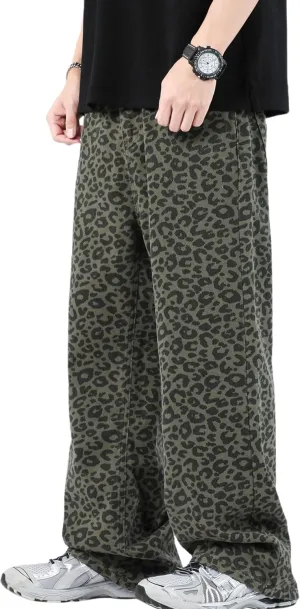 FantasyGears Mens Y2k Leopard Print Jeans Baggy Leopard Jeans Vintage Demin Pants Wide Leg Streetwear Jeans