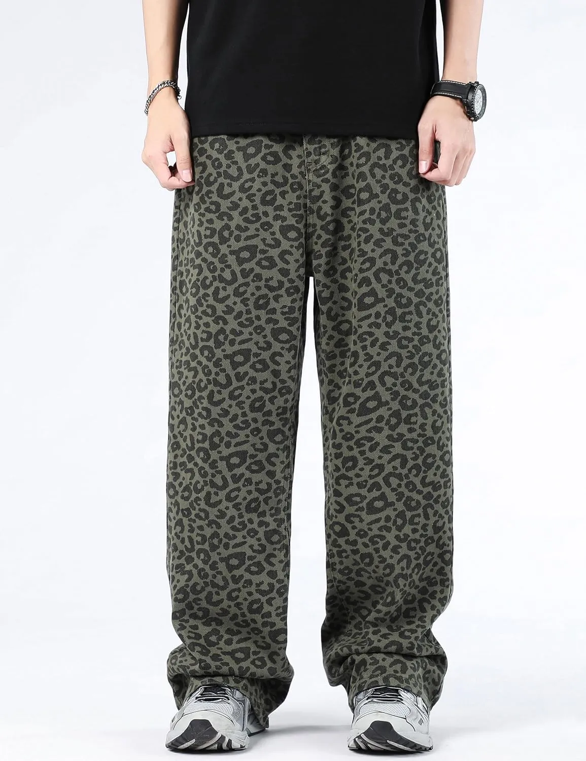 FantasyGears Mens Y2k Leopard Print Jeans Baggy Leopard Jeans Vintage Demin Pants Wide Leg Streetwear Jeans