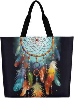Feathers Dream Catcher Tote Bag Large Women Casual Shoulder Bag Reusable Grocery Bag Fasion Handbag for Office Shopping Travel