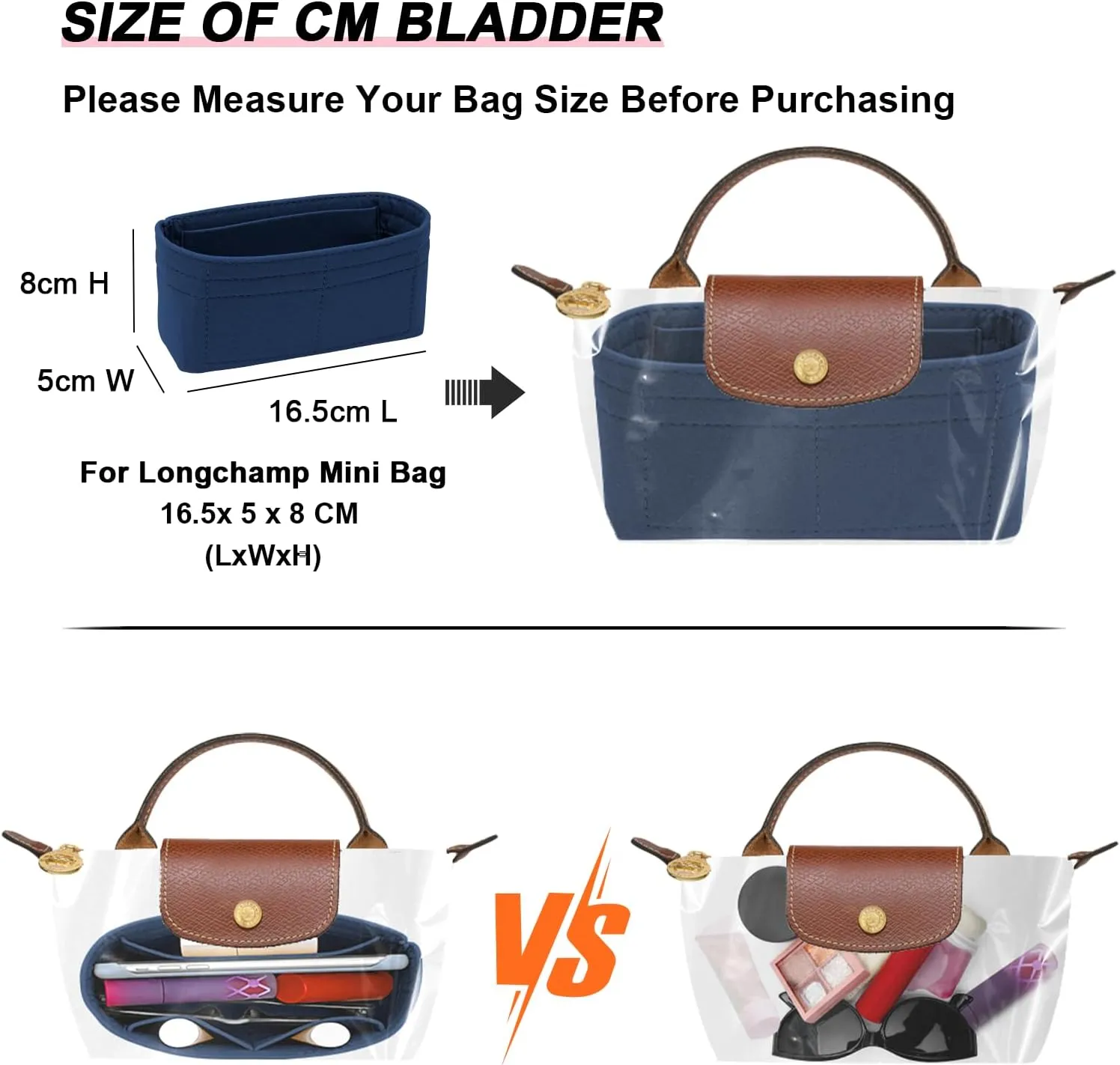 Felt Mini Organizer Insert for Longchamp mini XS Bag,Purse Organizer Insert For Handbag (DarkBlue)