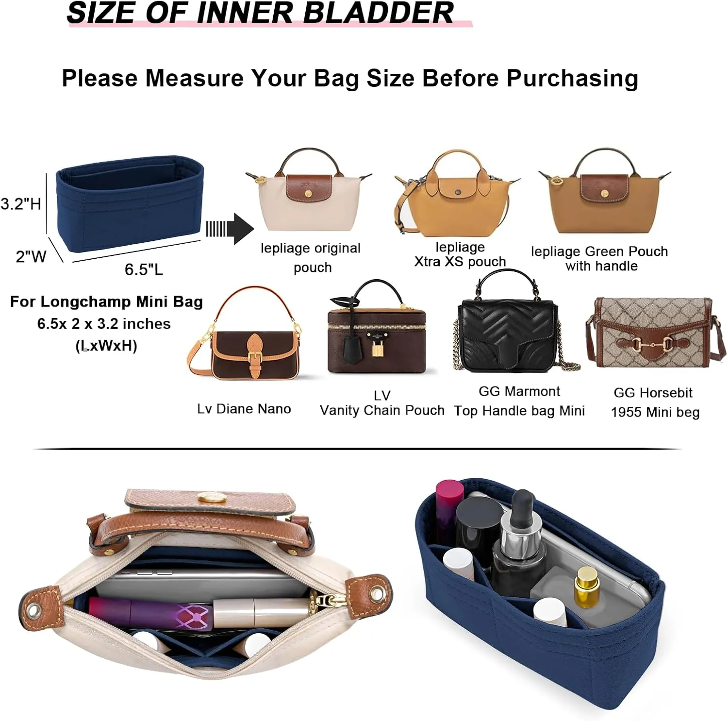 Felt Mini Organizer Insert for Longchamp mini XS Bag,Purse Organizer Insert For Handbag (DarkBlue)