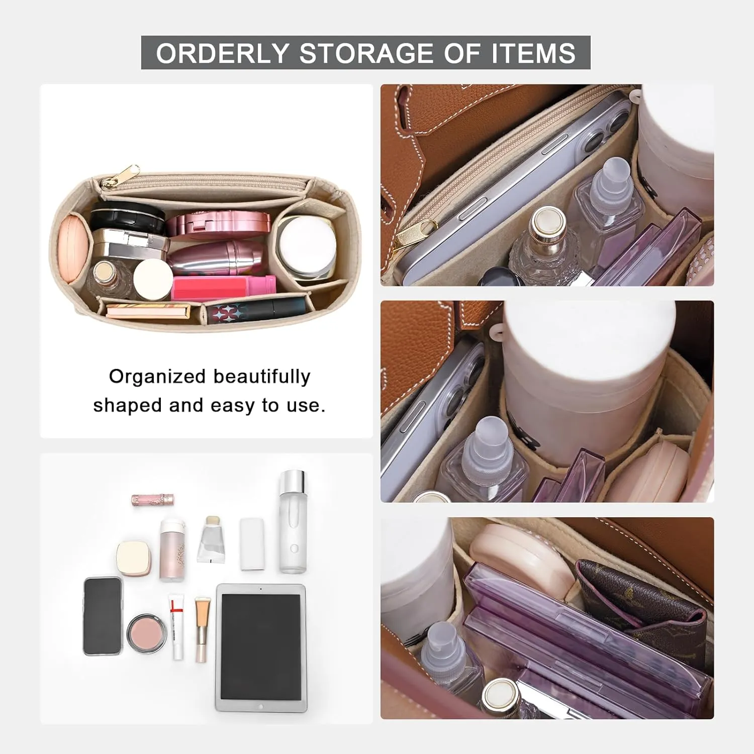 Felt Purse Organizer insert for birkin 35 bag organizer Handbag Insert (Beige, BK35)