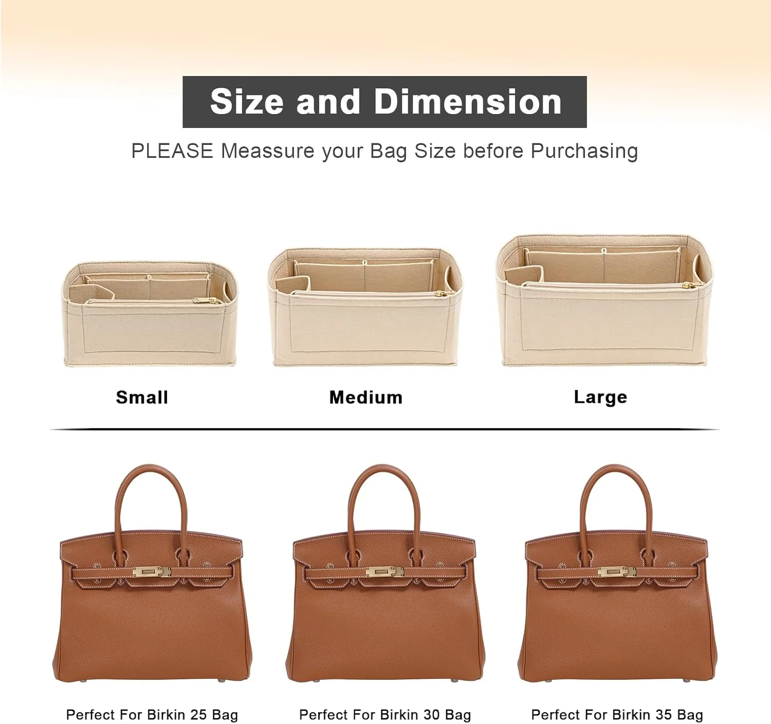 Felt Purse Organizer insert for birkin 35 bag organizer Handbag Insert (Beige, BK35)