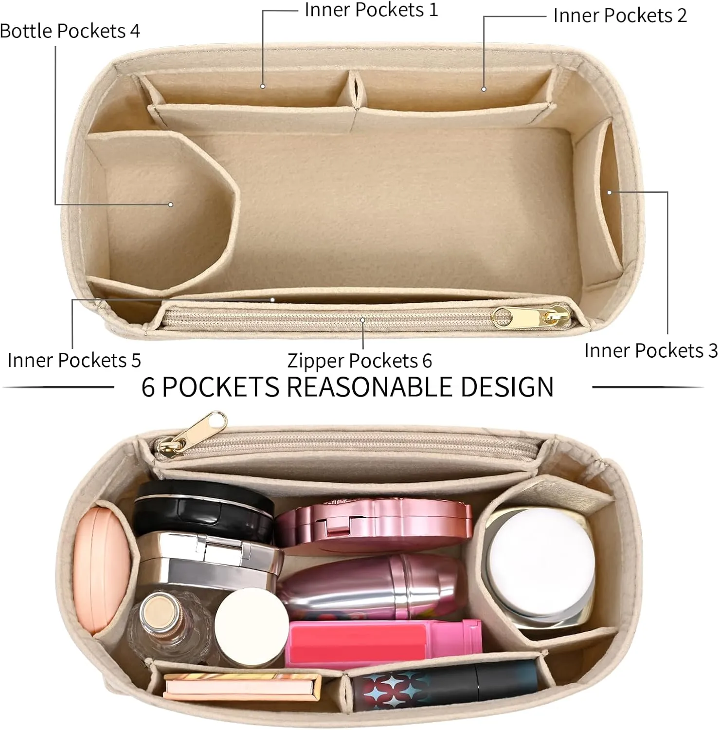 Felt Purse Organizer insert for birkin 35 bag organizer Handbag Insert (Beige, BK35)
