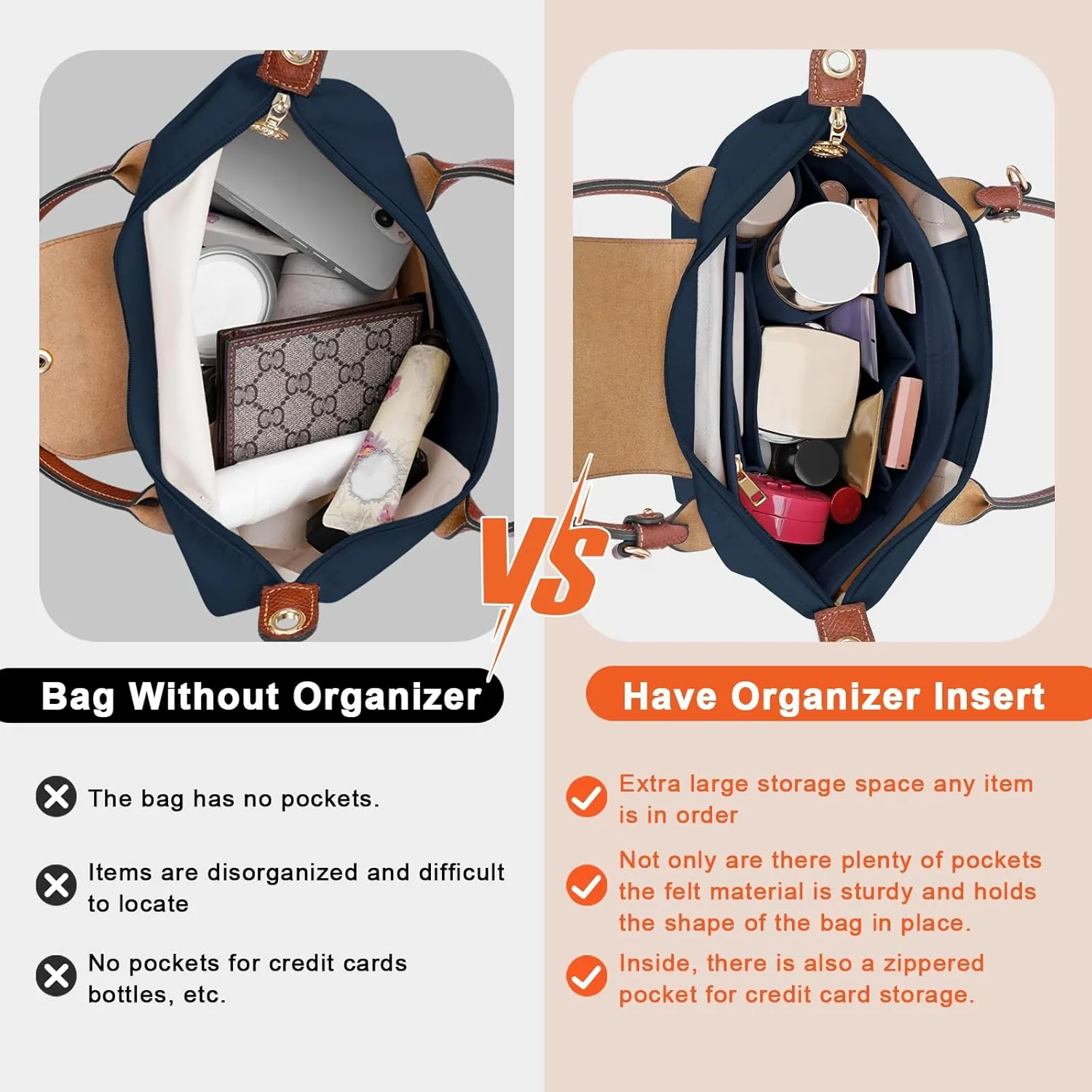 Felt Purse Organizer Insert for Longchamp Le Pliage L Handbag Insert (Dark Blue, Large)