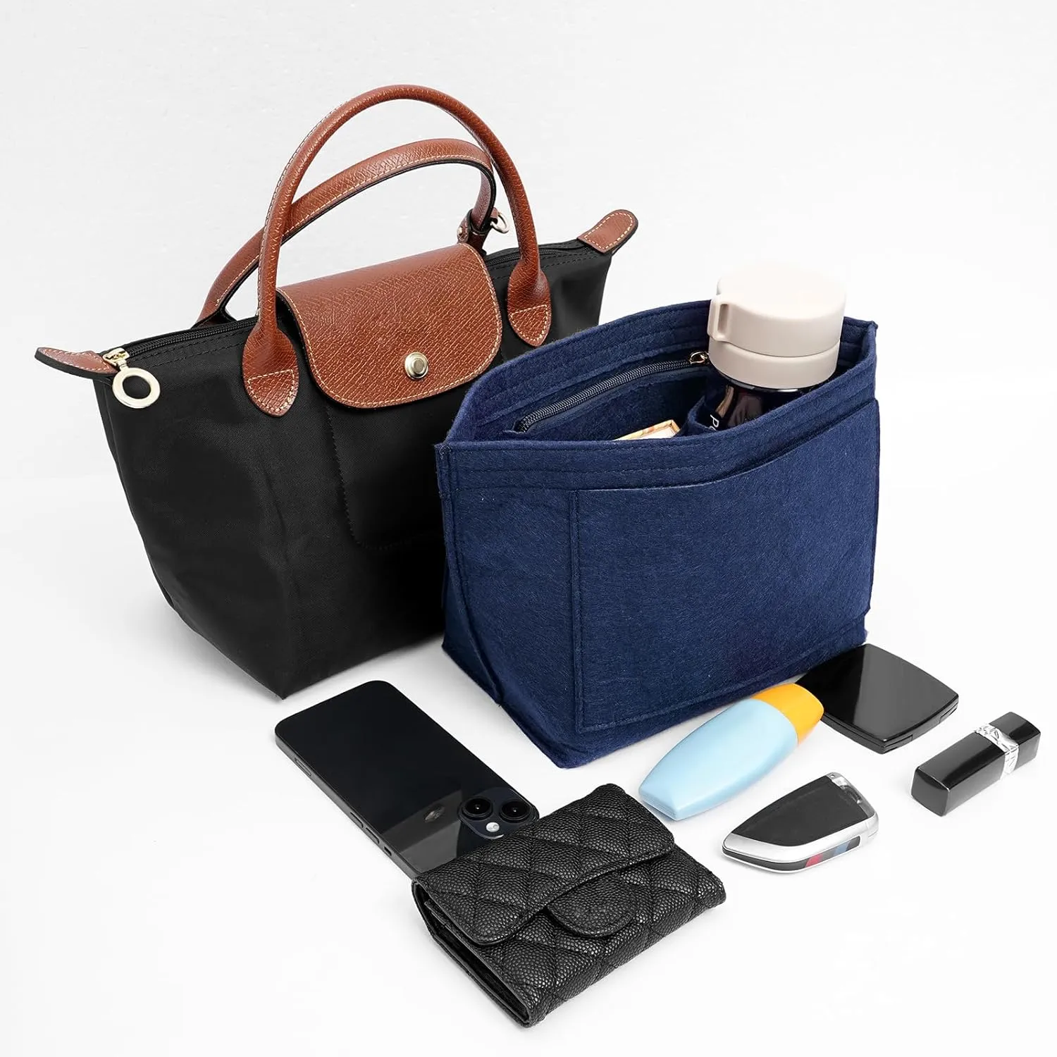 Felt Purse Organizer Insert for Longchamp Le Pliage L Handbag Insert (Dark Blue, Large)