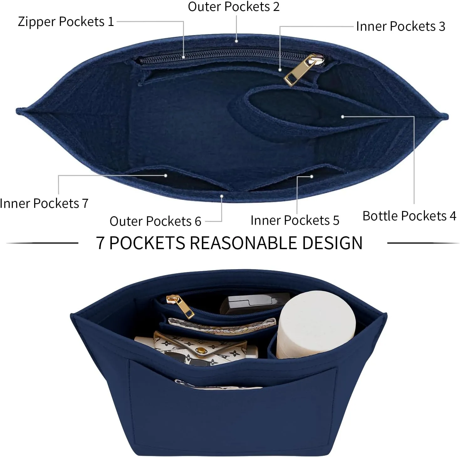 Felt Purse Organizer Insert for Longchamp Le Pliage L Handbag Insert (Dark Blue, Large)