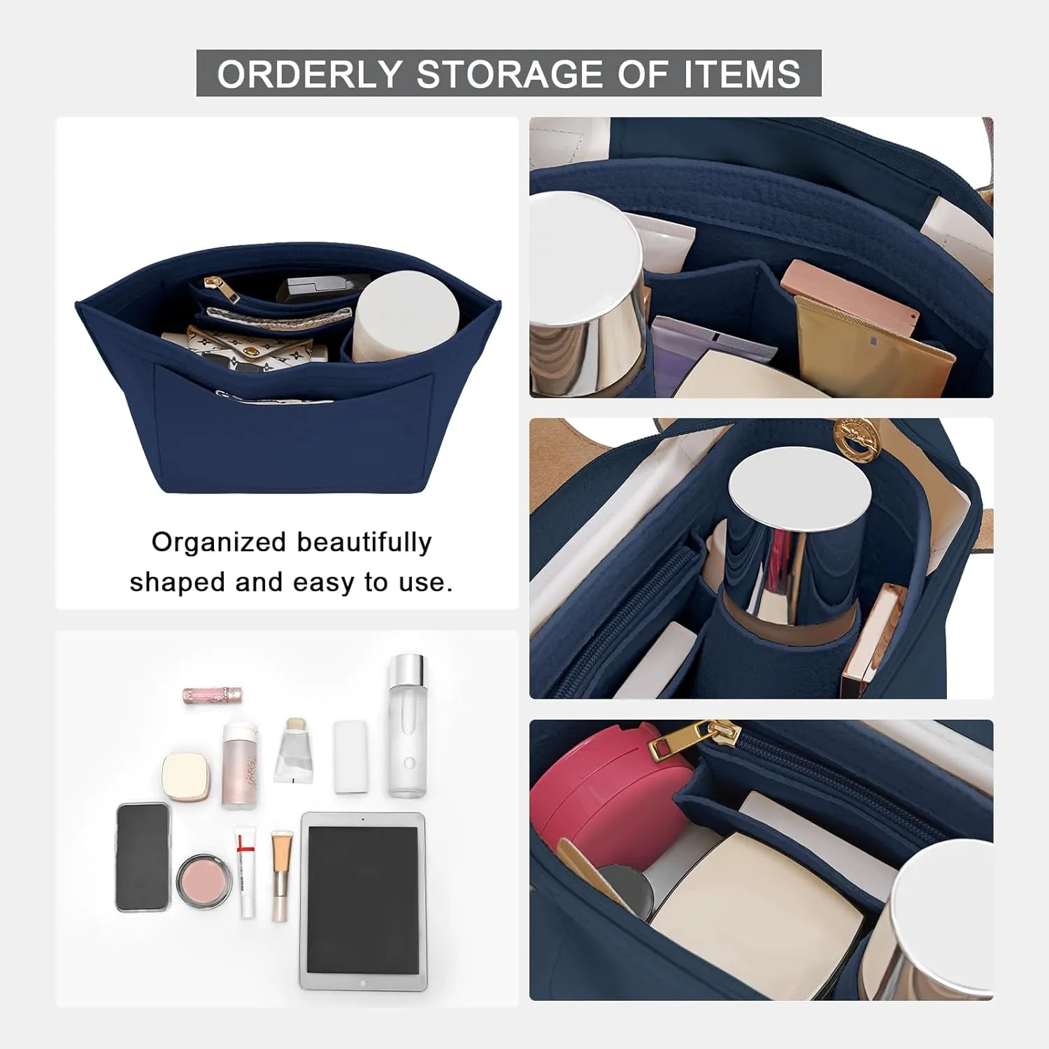 Felt Purse Organizer Insert for Longchamp Le Pliage L Handbag Insert (Dark Blue, Large)