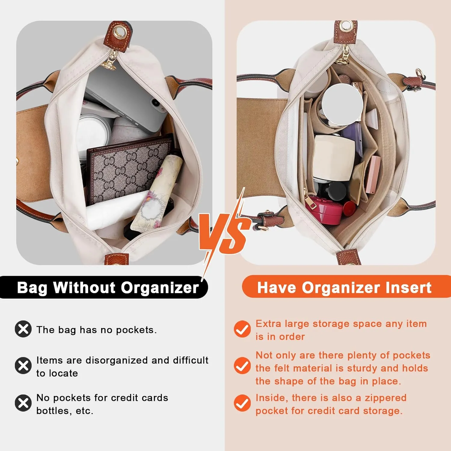 Felt Purse Organizer Insert for Longchamp Le Pliage L Handbag Insert (Large, Beige)