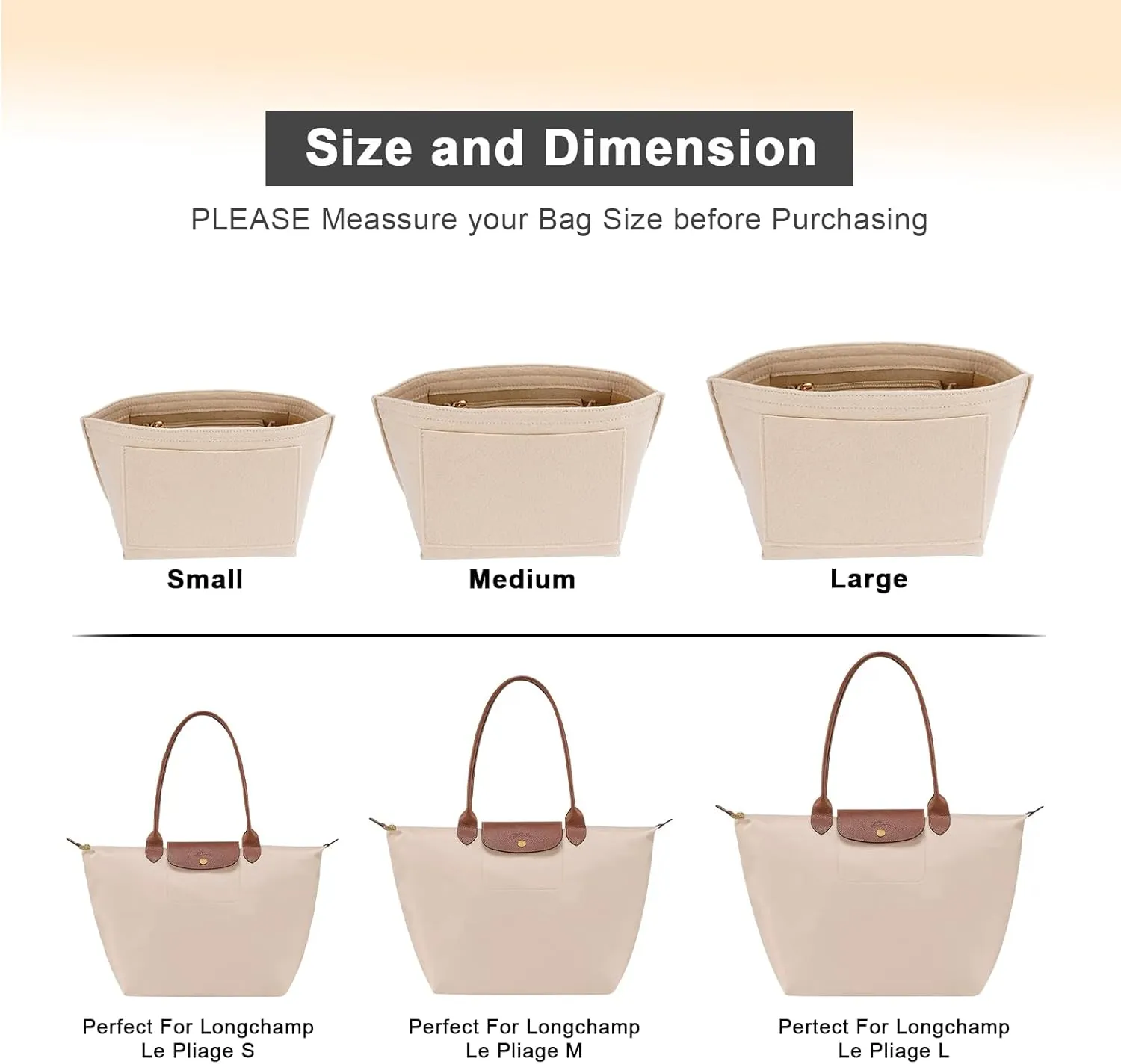 Felt Purse Organizer Insert for Longchamp Le Pliage L Handbag Insert (Large, Beige)