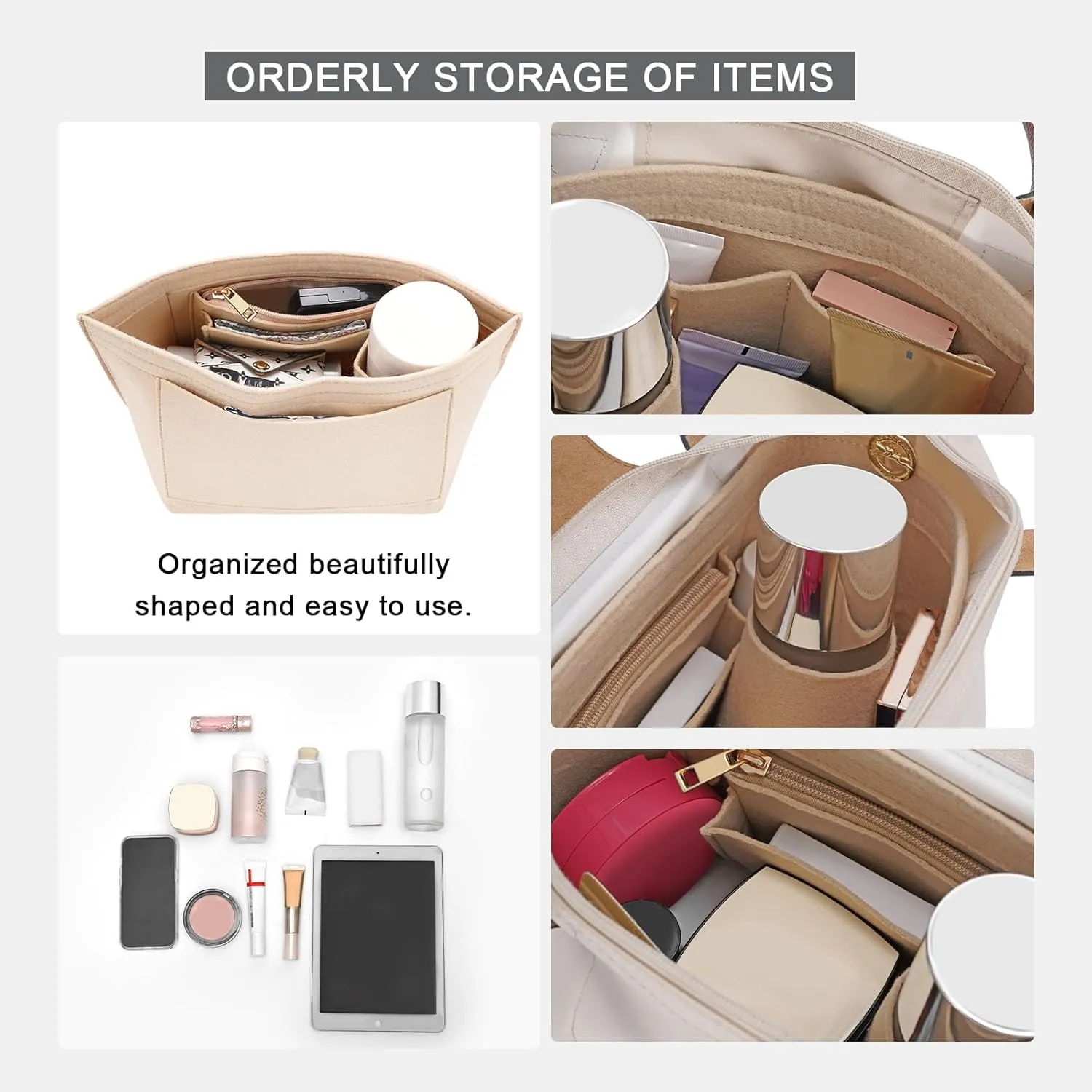 Felt Purse Organizer Insert for Longchamp Le Pliage L Handbag Insert (Large, Beige)