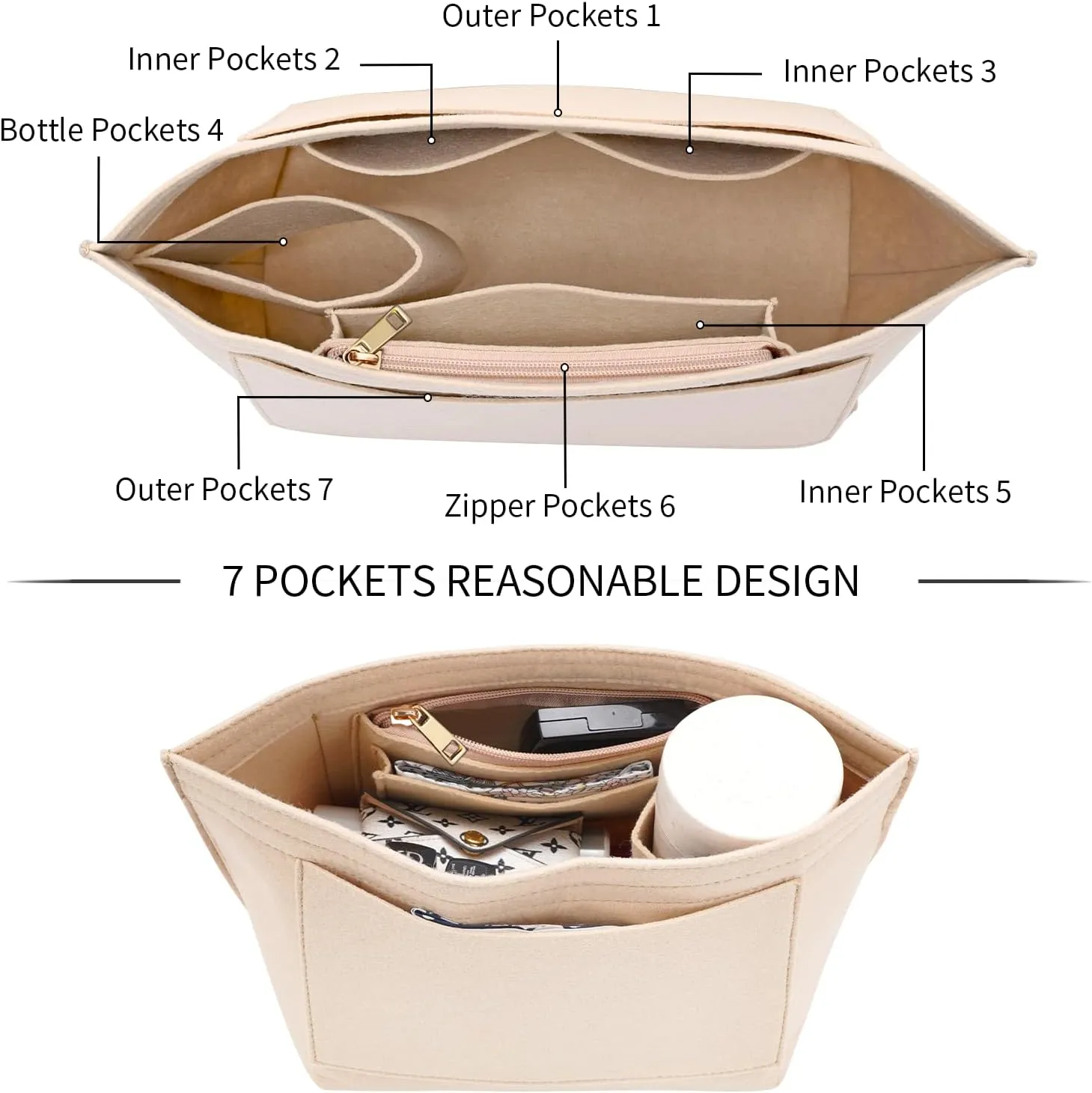 Felt Purse Organizer Insert for Longchamp Le Pliage L Handbag Insert (Large, Beige)