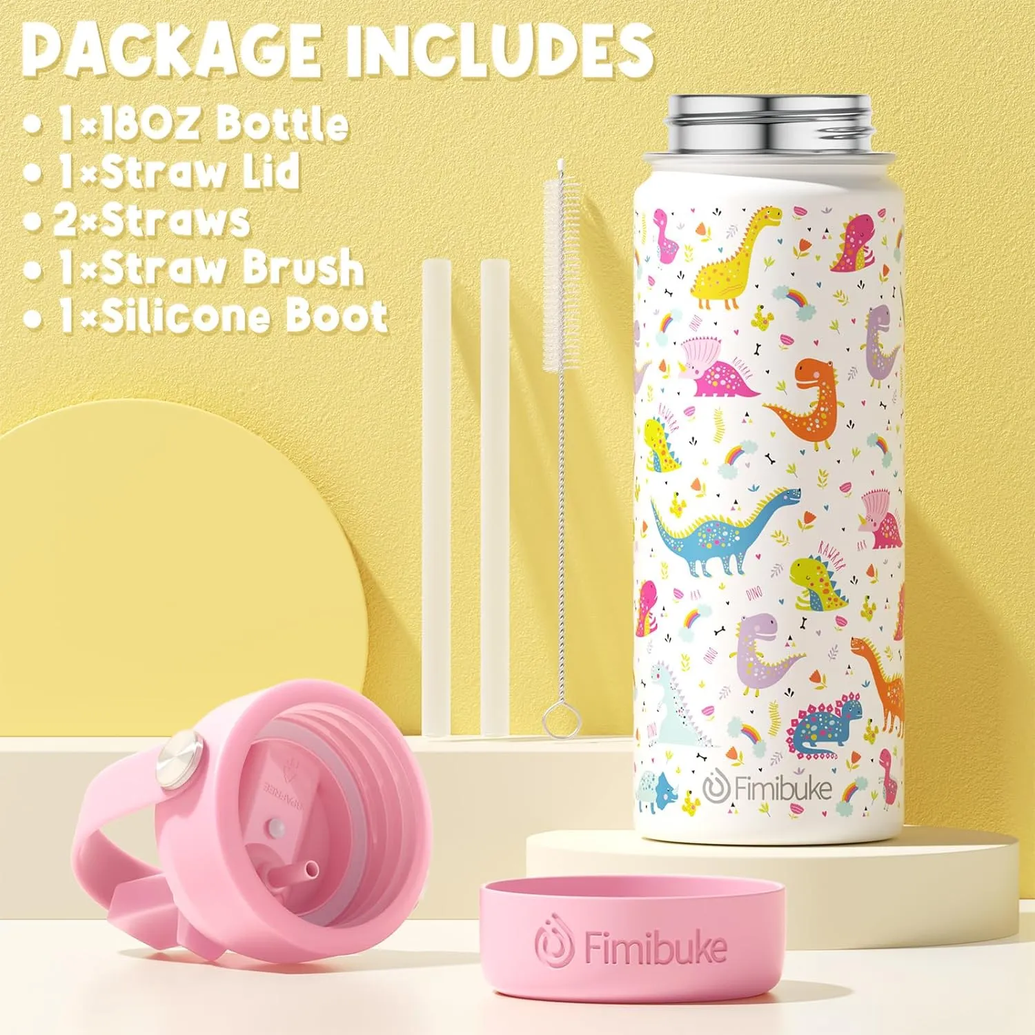Fimibuke Kids Insulated Water Bottle, 18oz BPA FREE 18/8 Stainless Steel Kid Cup with Straw Travel Tumbler Double Wall Vacuum Leak Proof Toddler Water Bottle for School Boy Girl(1 Pack,Blue Dinosaur)