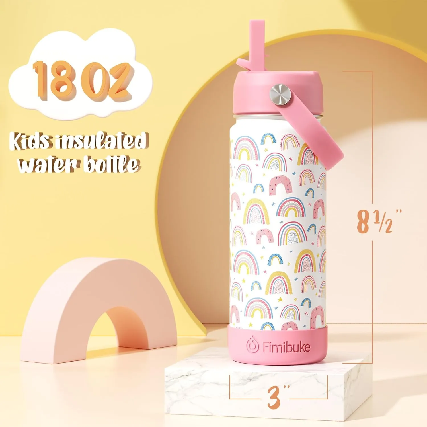 Fimibuke Kids Insulated Water Bottle, 18oz BPA FREE 18/8 Stainless Steel Kids Cup with Straw Travel Tumbler Double Wall Vacuum Leak Proof Toddler Water Bottle for School Boys Girls(1 Pack, Mermaid)