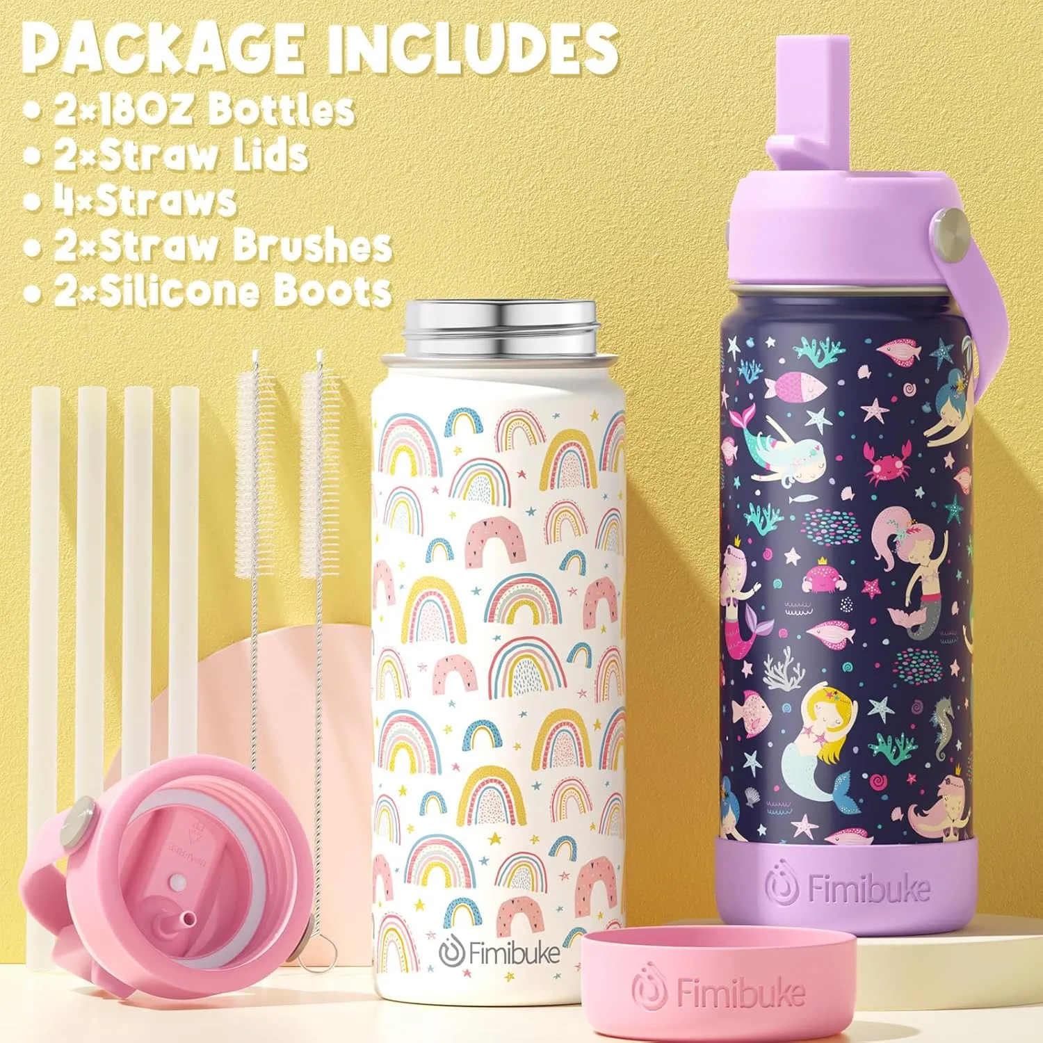 Fimibuke Kids Insulated Water Bottle, 18oz BPA FREE Kids Cup with Straw Double Wall Vacuum Tumbler 18/8 Stainless Steel Leak Proof Toddler Water Bottle for School Boys Girls (2 Pack, Rainbow/Mermaid)