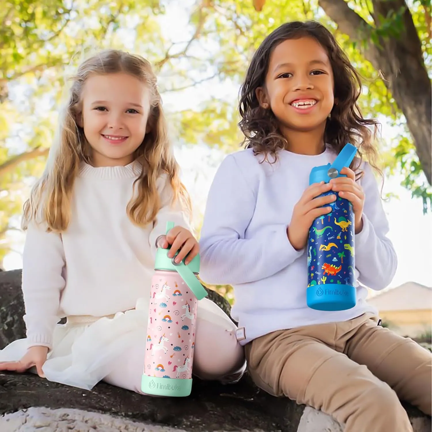 Fimibuke Kids Insulated Water Bottle, 18oz BPA FREE Kids Cup with Straw Double Wall Vacuum Tumbler 18/8 Stainless Steel Leak Proof Toddler Water Bottle for School Boys Girls (2 Pack, Rainbow/Mermaid)