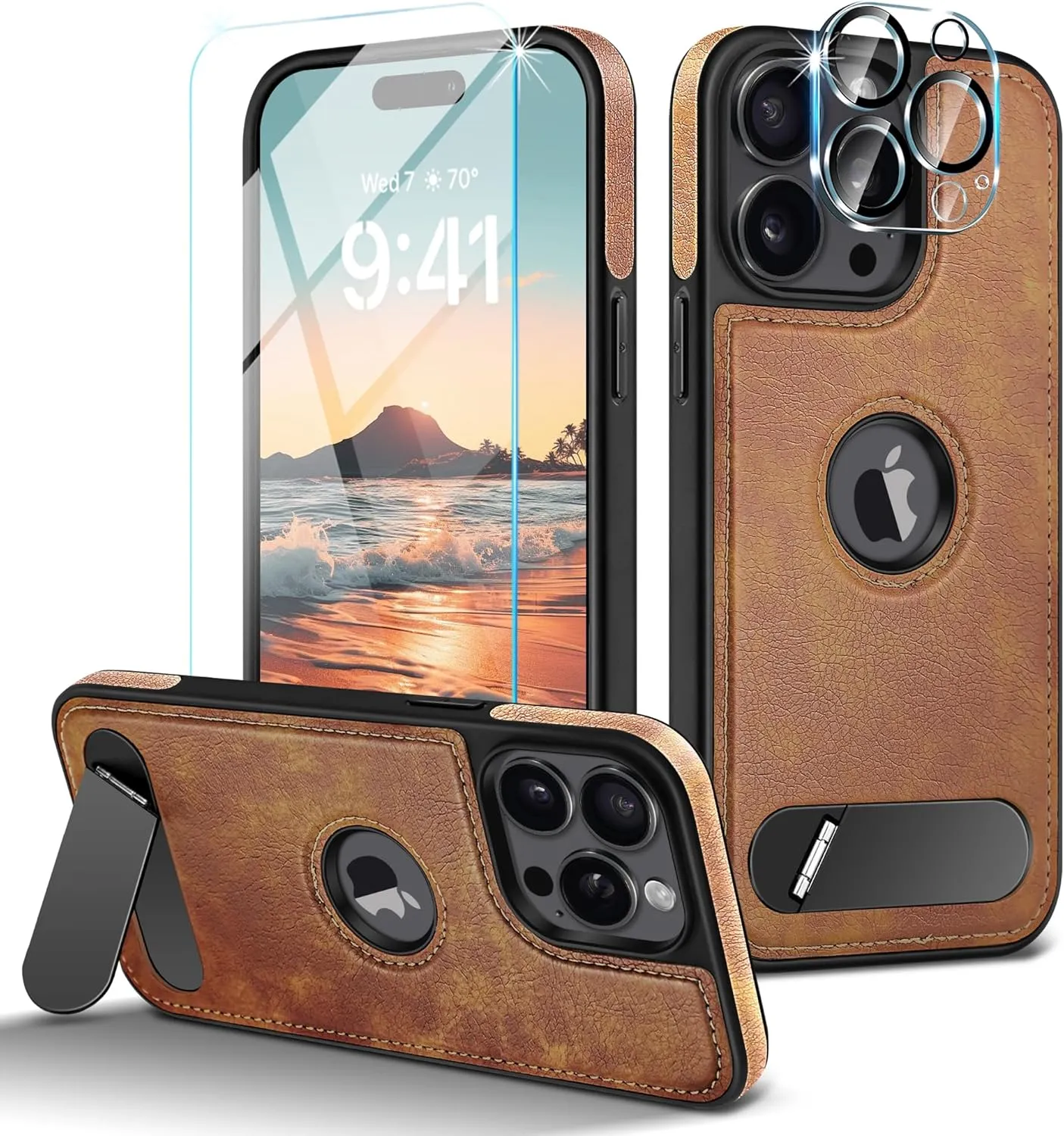 Fingic Magnetic Leather Case for iPhone 15 Pro Max Case[Compatible with Mag-safe][with 1 Screen/Camera Len Protector] Invisible Stand Slim Kickstand Protective Shockproof CAse for Women Men,2023,Brown