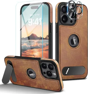 Fingic Magnetic Leather Case for iPhone 15 Pro Max Case[Compatible with Mag-safe][with 1 Screen/Camera Len Protector] Invisible Stand Slim Kickstand Protective Shockproof CAse for Women Men,2023,Brown