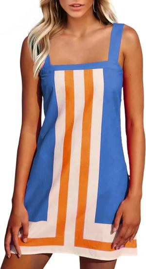 Fiona Jolin Women's Striped Mini Dress Boho Shoulder Strap Sundress Summer Cover Up Dress for Beach