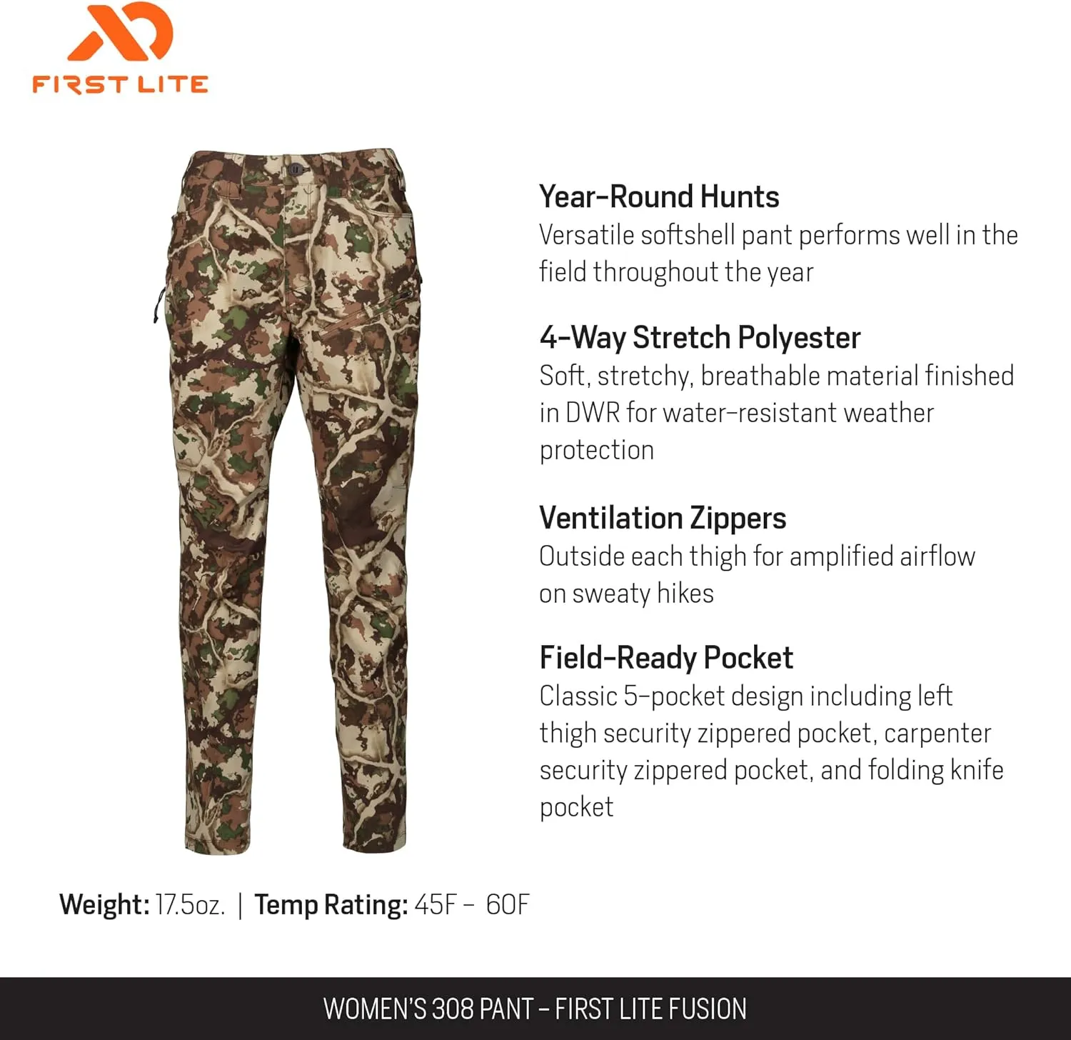 First Lite Women's 308 Pant - Stretch Camo Hunting Pants with Hip Vents