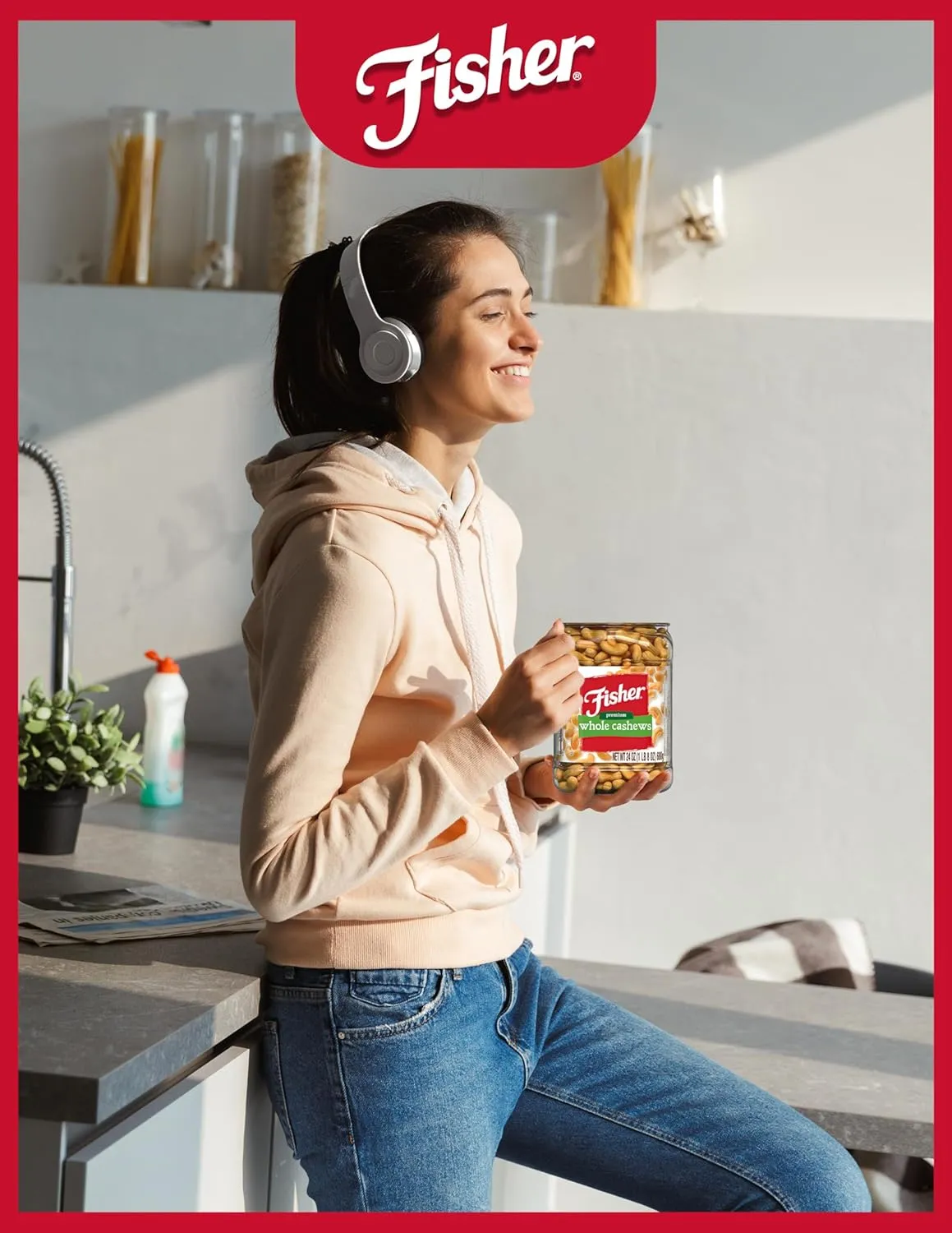 Fisher Snack Premium Whole Cashews, 24 Ounces, Roasted with Sea Salt, No Artificial Colors or Flavors, 100% Recyclable