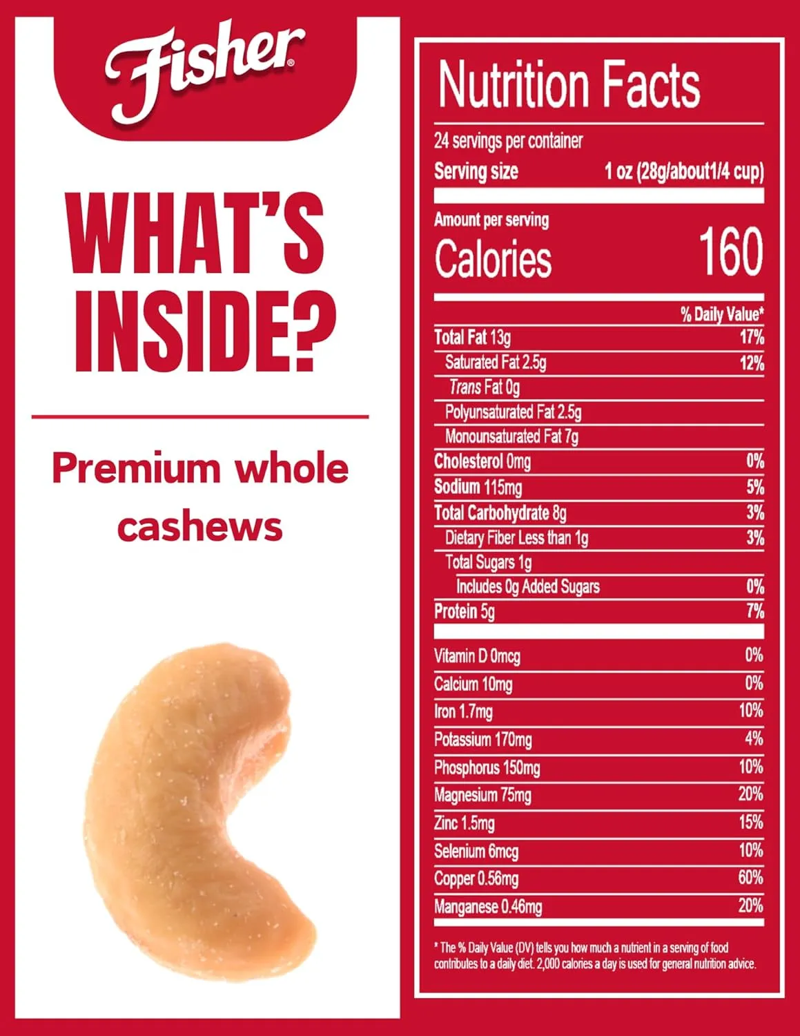Fisher Snack Premium Whole Cashews, 24 Ounces, Roasted with Sea Salt, No Artificial Colors or Flavors, 100% Recyclable