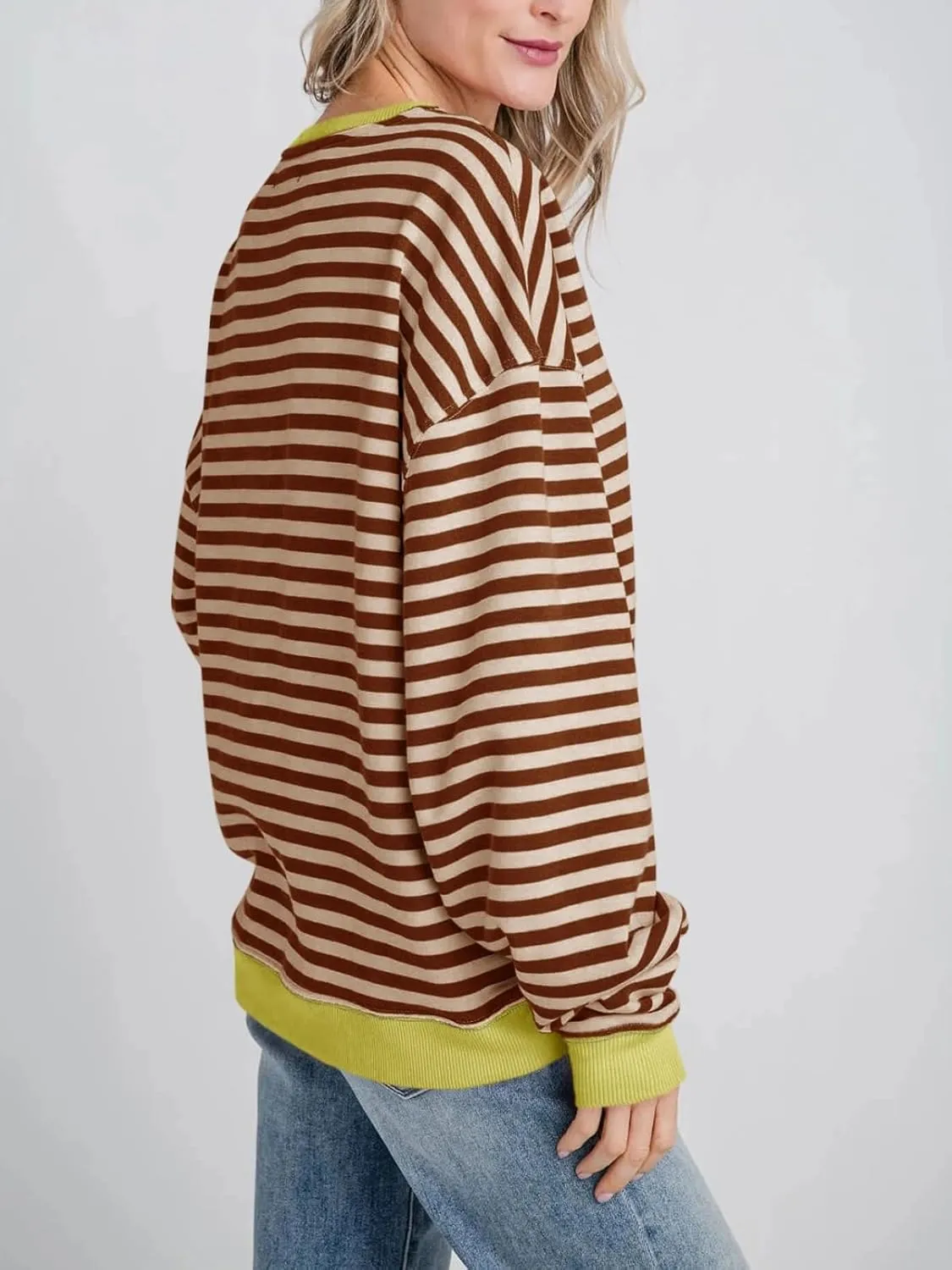 Fisoew Womens Striped Oversized Sweatshirt Color Block Crew Neck Long Sleeve Shirt Casual Loose Pullover Top Y2K Clothes