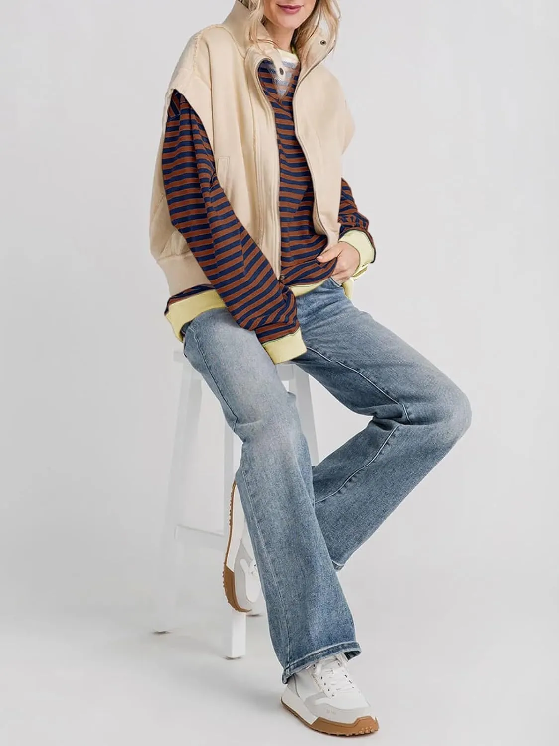 Fisoew Womens Striped Oversized Sweatshirt Color Block Crew Neck Long Sleeve Shirt Casual Loose Pullover Top Y2K Clothes