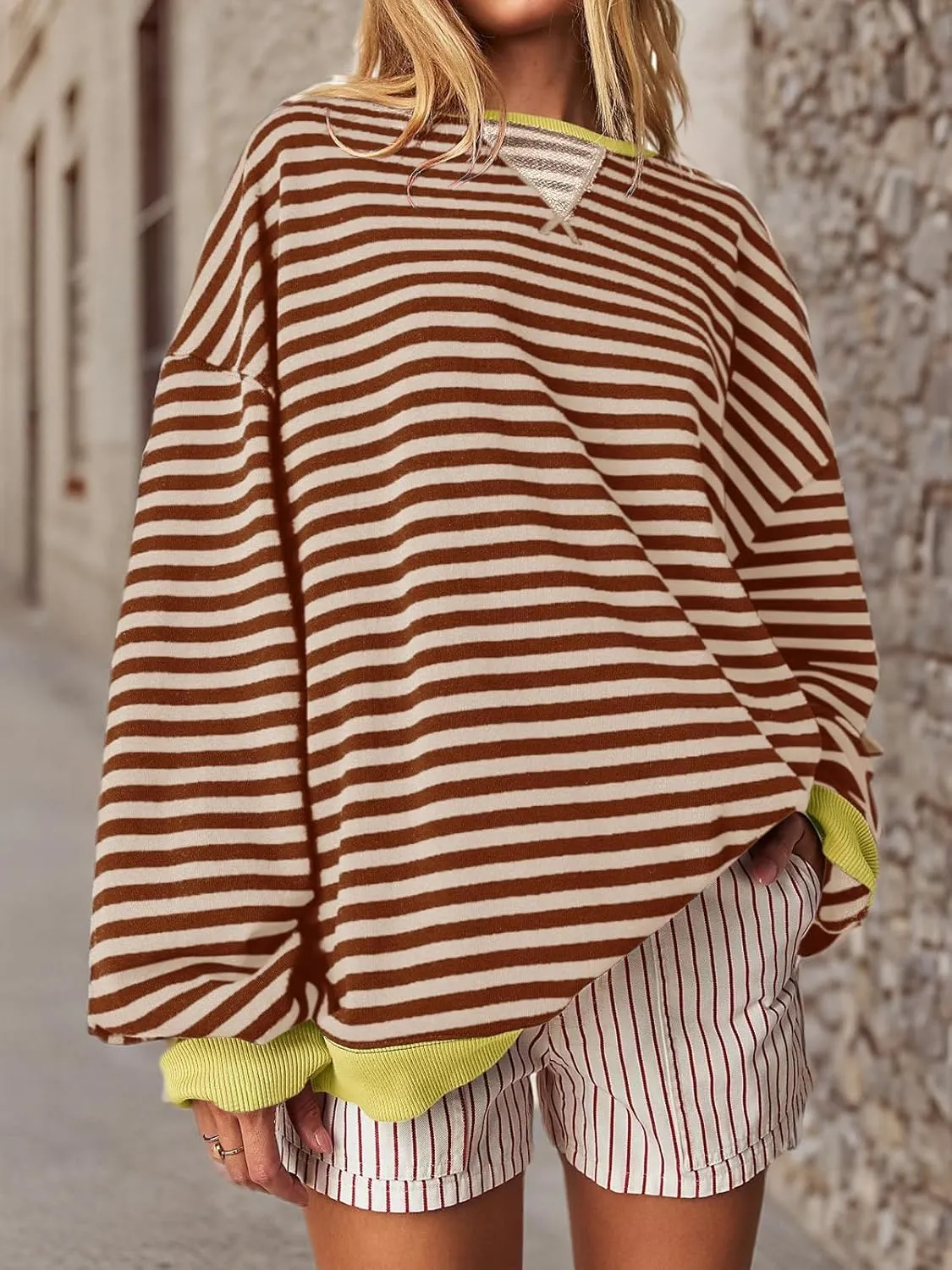 Fisoew Womens Striped Oversized Sweatshirt Color Block Crew Neck Long Sleeve Shirt Casual Loose Pullover Top Y2K Clothes