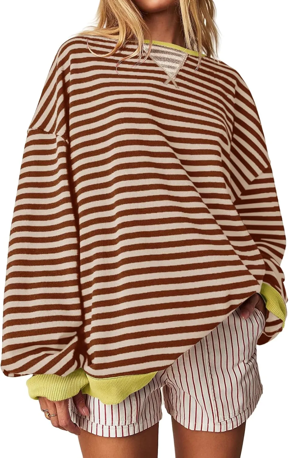 Fisoew Womens Striped Oversized Sweatshirt Color Block Crew Neck Long Sleeve Shirt Casual Loose Pullover Top Y2K Clothes