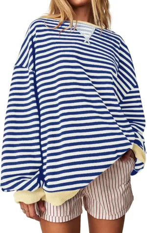 Fisoew Womens Striped Oversized Sweatshirt Color Block Crew Neck Long Sleeve Shirt Casual Loose Pullover Top Y2K Clothes