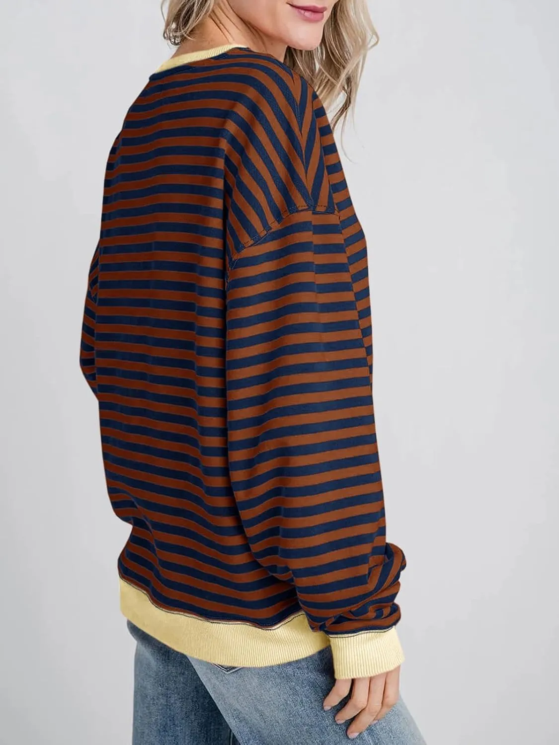 Fisoew Womens Striped Oversized Sweatshirt Color Block Crew Neck Long Sleeve Shirt Casual Loose Pullover Top Y2K Clothes