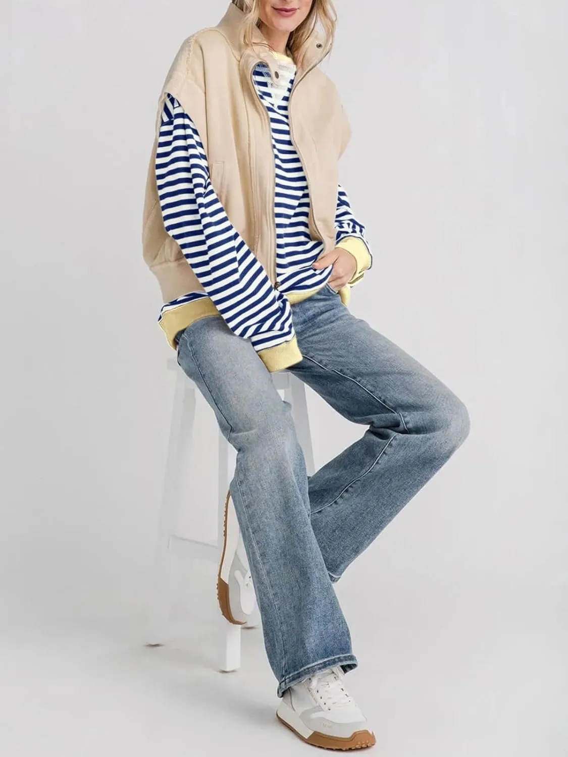 Fisoew Womens Striped Oversized Sweatshirt Color Block Crew Neck Long Sleeve Shirt Casual Loose Pullover Top Y2K Clothes