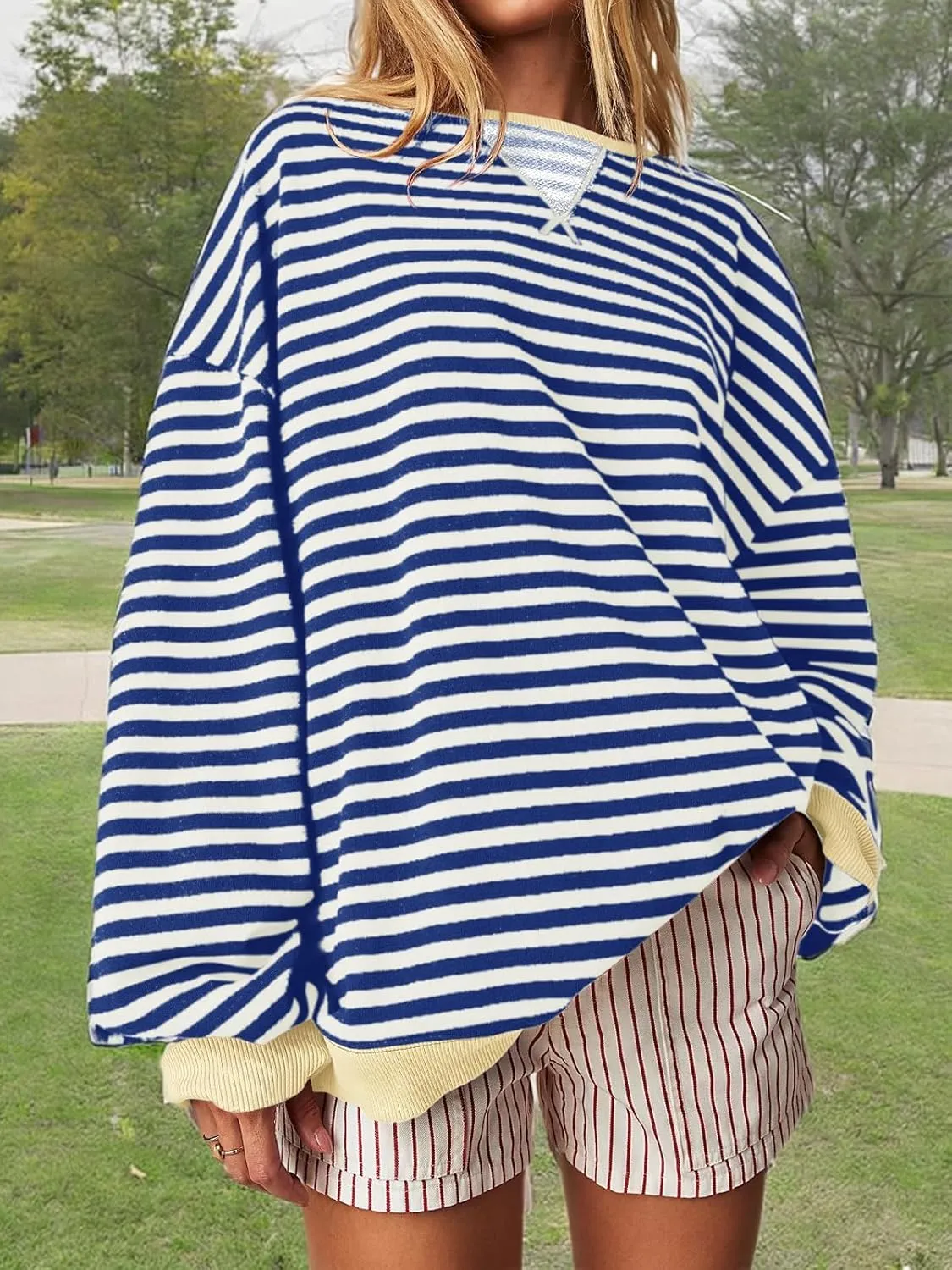 Fisoew Womens Striped Oversized Sweatshirt Color Block Crew Neck Long Sleeve Shirt Casual Loose Pullover Top Y2K Clothes